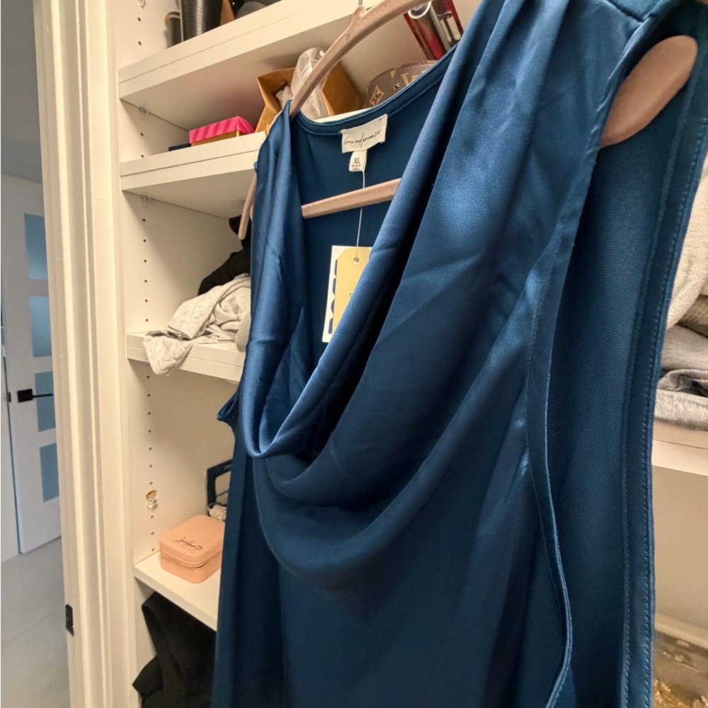Chic Teal Draped Sleeveless Blouse